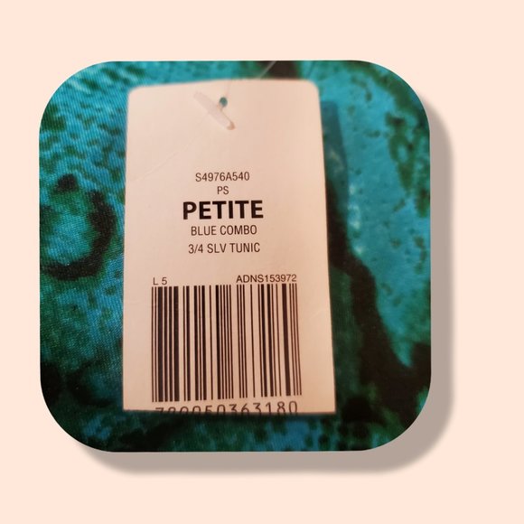 NWT Kim Rogers blue-green keyhole tunic size PS 3/4 sleeves - Picture 5 of 7